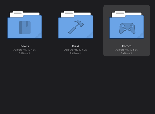 Three blue folders in a file manager, the first, labelled "Books," contains an outline of an icon of a book, the second, labelled "build" contains an outline of a hammer, and the third, "Games'" contains the outline of a video game controller. These folders are on a dark grey background.